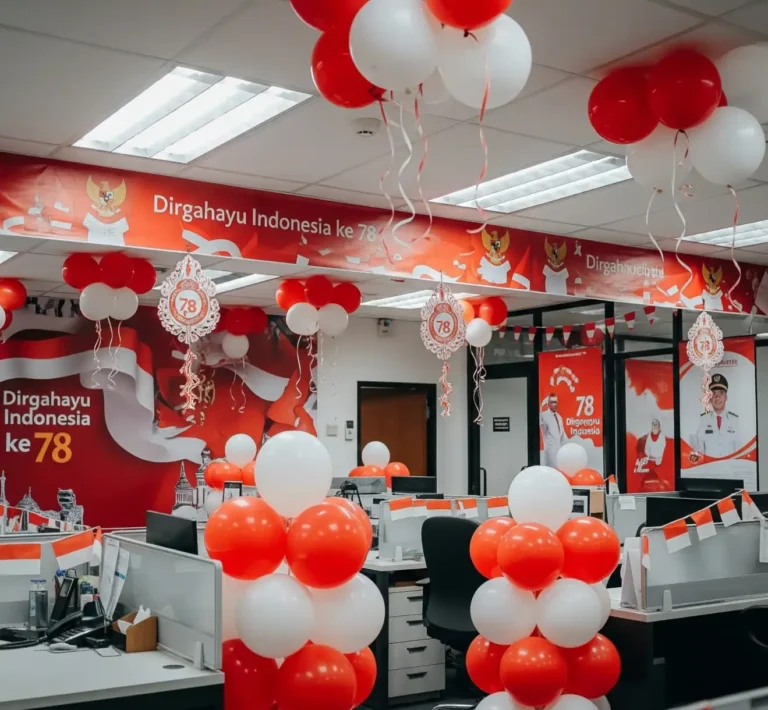 Tentu, ini draf untuk teks alternatif, judul, keterangan, dan deskripsi untuk 5 gambar yang berfokus pada jasa dekorasi 17 Agustus, menyoroti layanan profesional dan hasil karyanya. Gambar 1: Tim Profesional Sedang Memasang Dekorasi Teks Alternatif: Tim jasa dekorasi 17 Agustus profesional sedang memasang bendera, umbul-umbul, dan balon merah putih di sebuah gedung atau area publik.