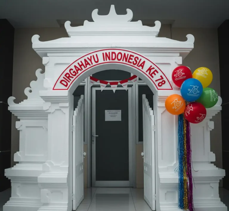 alan utama atau komplek perumahan yang telah selesai didekorasi secara profesional dengan tema 17 Agustus, menampilkan kerapian dan keindahan.