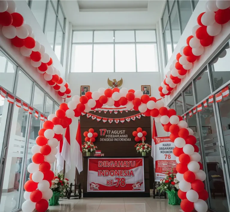 Panggung upacara atau pertunjukan 17 Agustus yang didekorasi mewah dan eksklusif oleh jasa dekorasi profesional, dengan pencahayaan dan ornamen khusus.