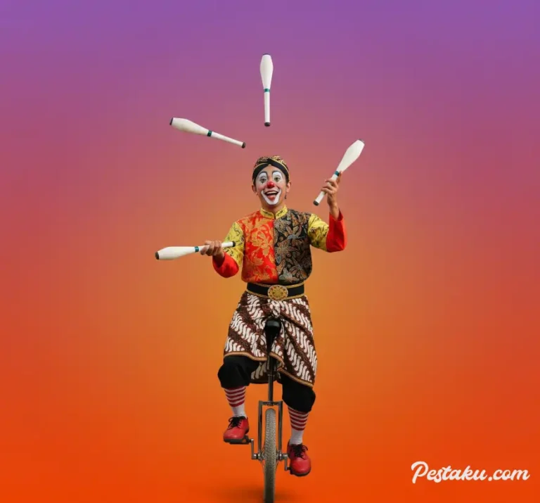 Badut akrobat sedang berinteraksi dengan penonton anak-anak, menampilkan trik akrobat yang lucu dan menghibur.