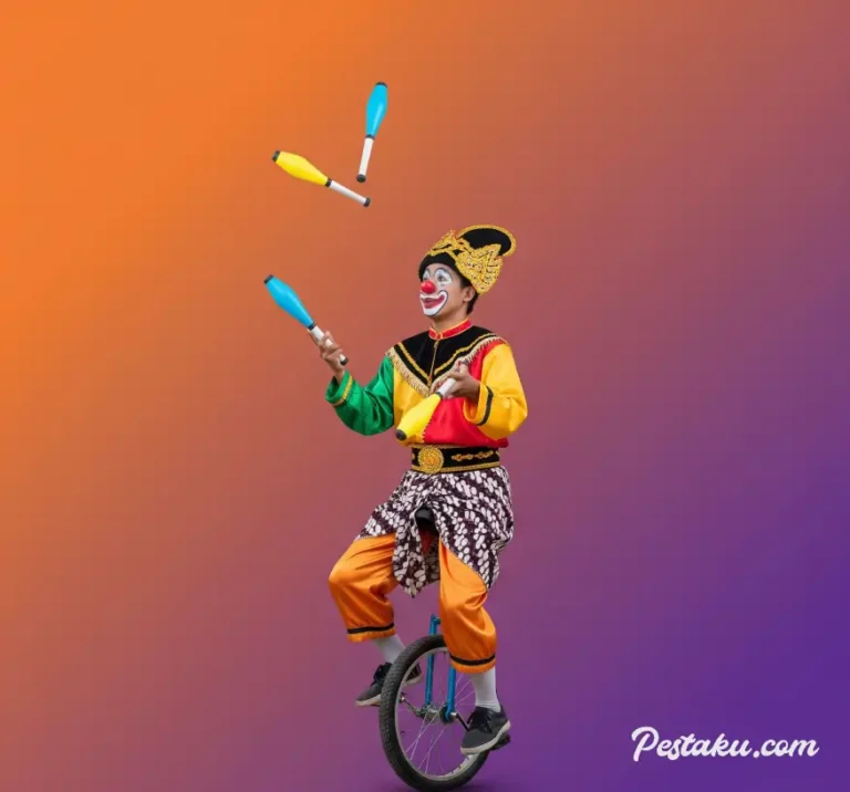 Badut akrobat dengan kostum warna-warni sedang mempersiapkan pertunjukan di area terbuka.