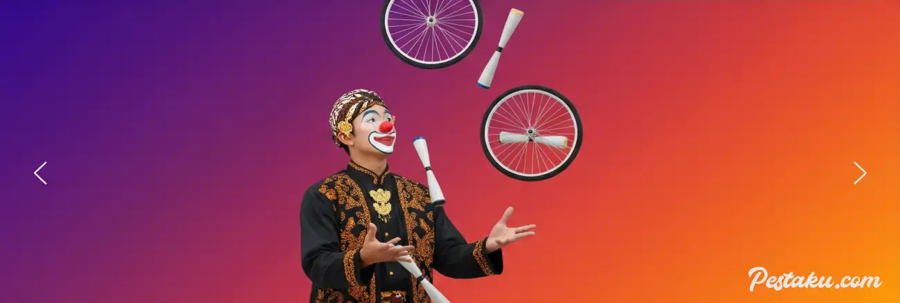 Jasa Badut Akrobat Show: Hiburan Spektakuler untuk Acara Anda! Badut akrobatik profesional sedang melakukan atraksi di atas panggung, jasa badut akrobat show untuk acara ulang tahun anak.